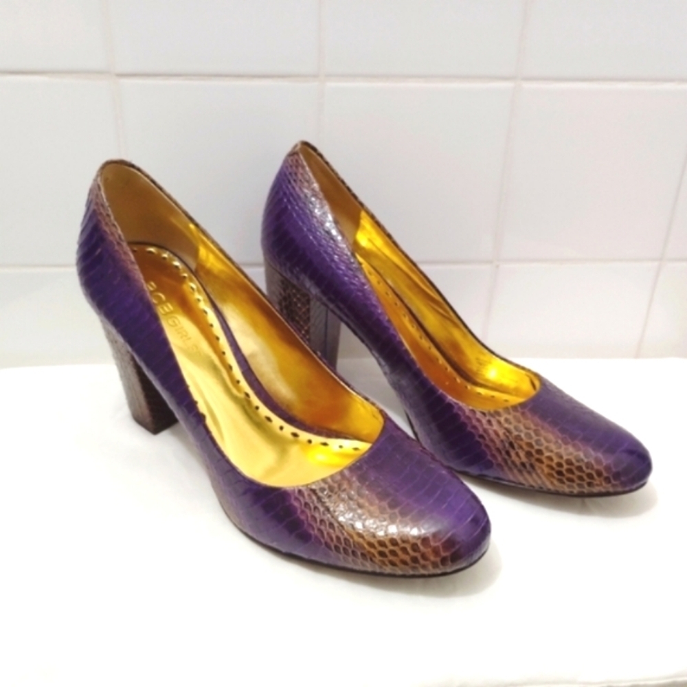 BCBG Calista Snakeskin Leather Heels Purple Gold 3" Block Heel US 7